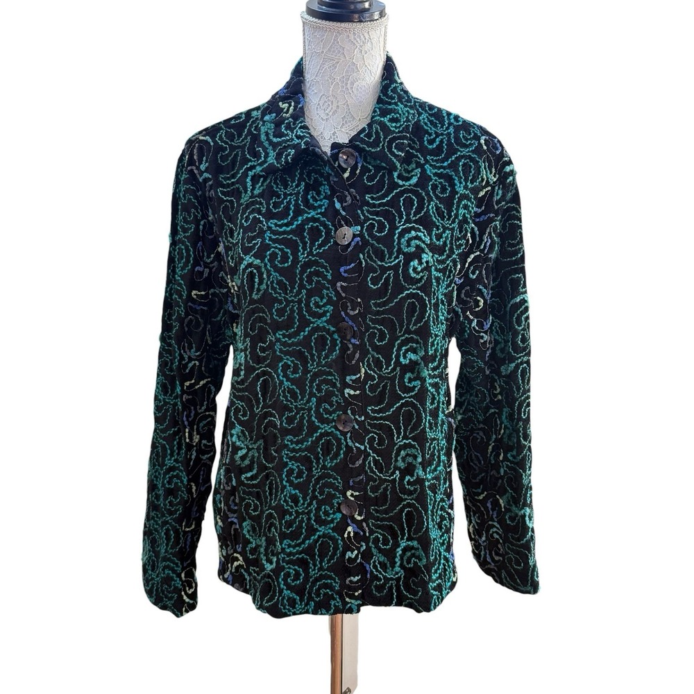 Chicos 2 Embroidered Jacket Lg Black Abstract Artsy Career Business Office EUC
